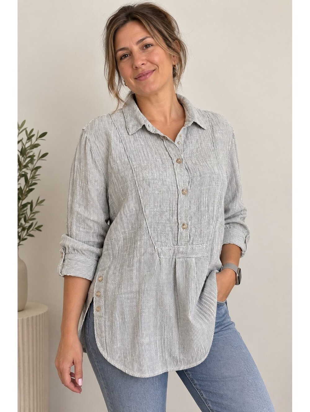 Anthropologie Women M Striped Cotton Tunic Shirt Button
